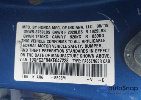 2019 Honda Civic Sport from USA, damaged, VIN 19XFC2F84KE047228